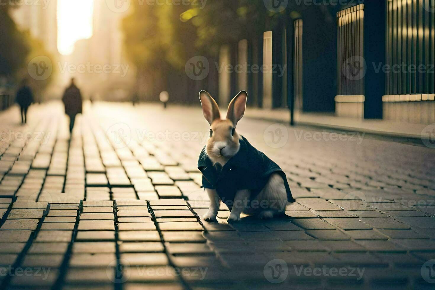 a rabbit in a coat sitting on the street. AI-Generated photo