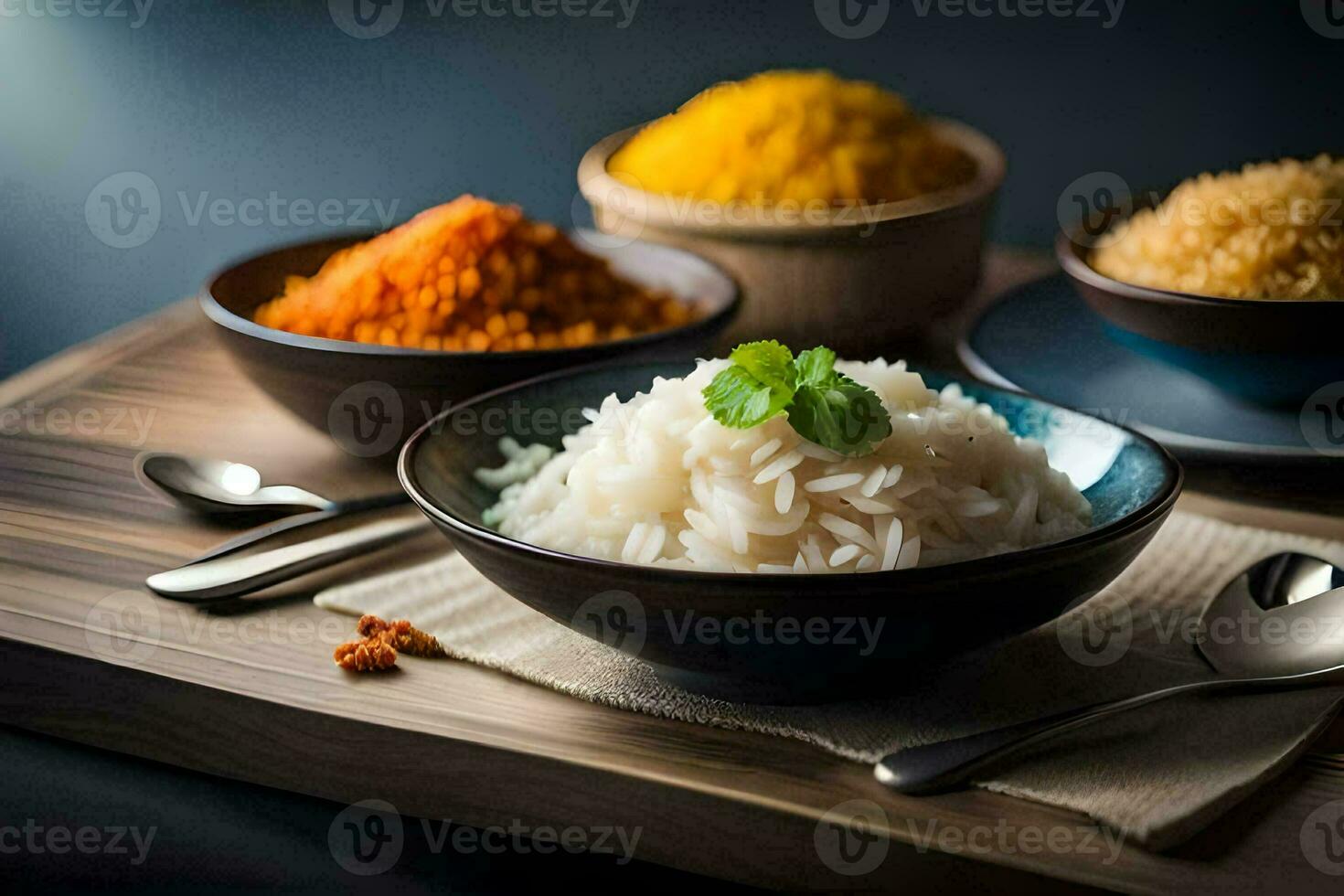 a bowl of rice, a spoon and a bowl of spices. AI-Generated photo