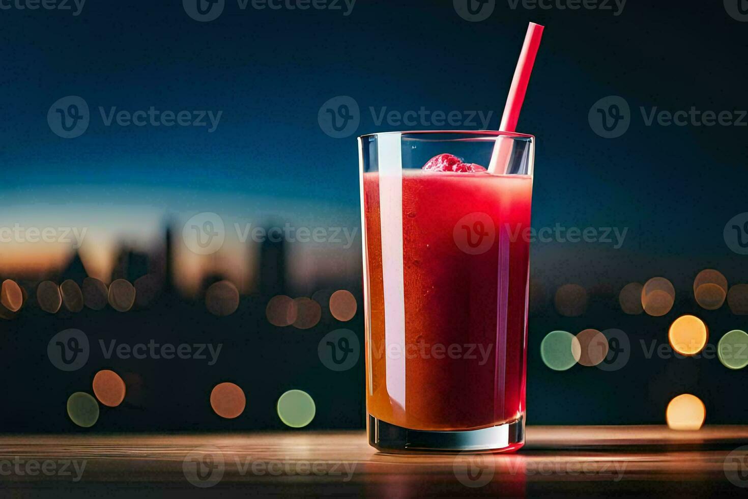 a glass of red juice with a straw on a table in front of a city skyline. AI-Generated photo