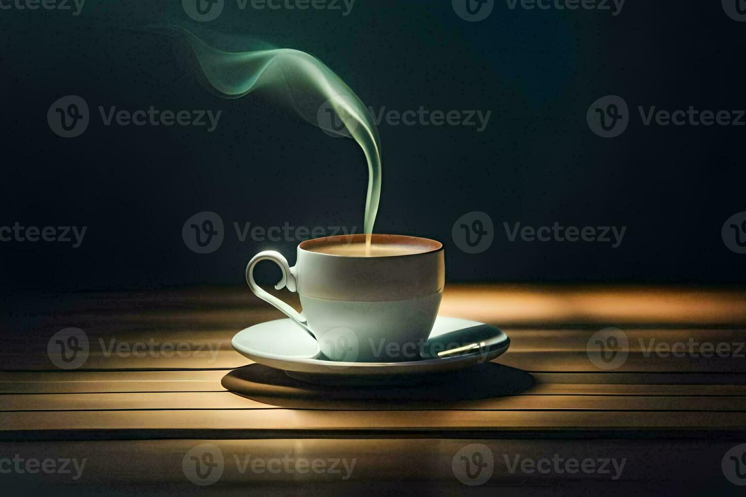 a cup of coffee on a table with smoke coming out of it. AI-Generated photo