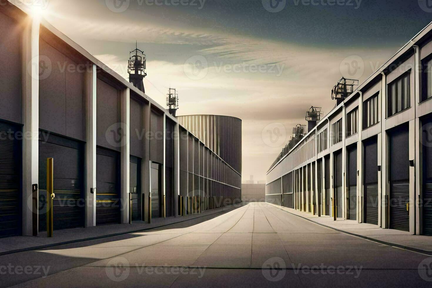 a long empty road with a factory building in the background. AI-Generated photo