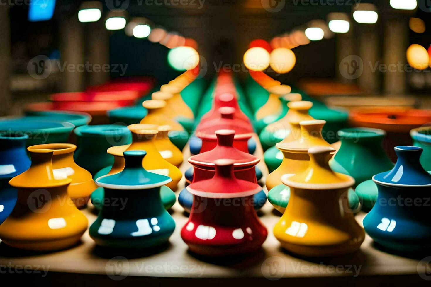 colorful vases sit on a table in a room. AI-Generated photo
