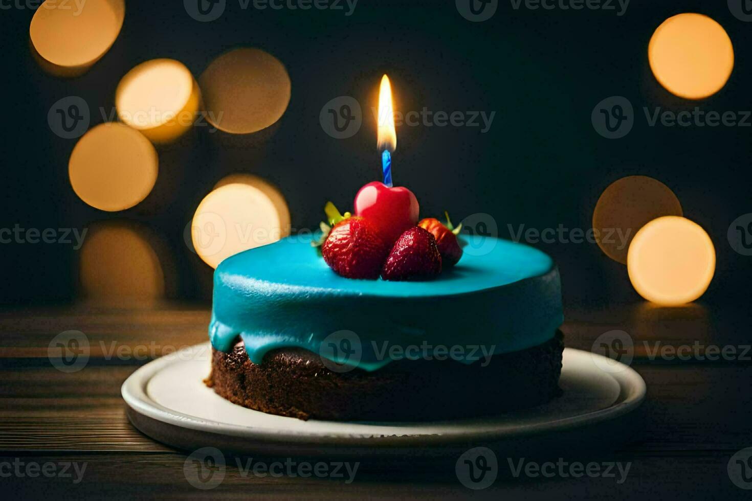 a birthday cake with a single candle on a wooden table. AI-Generated photo