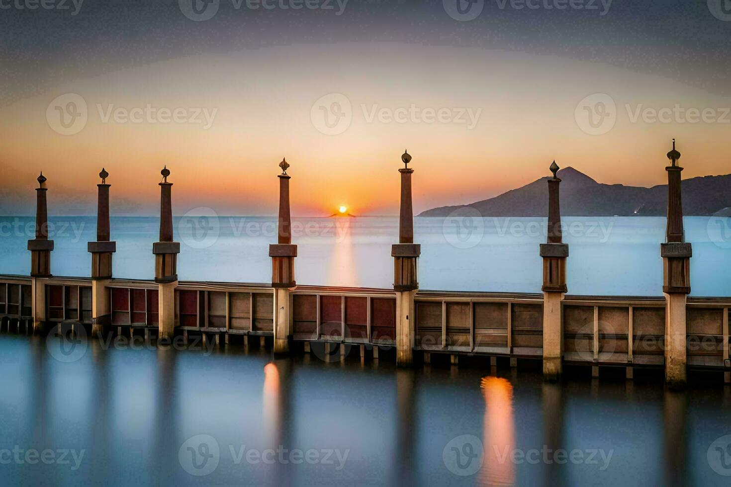 un muelle con un puesta de sol en el antecedentes. generado por ai foto