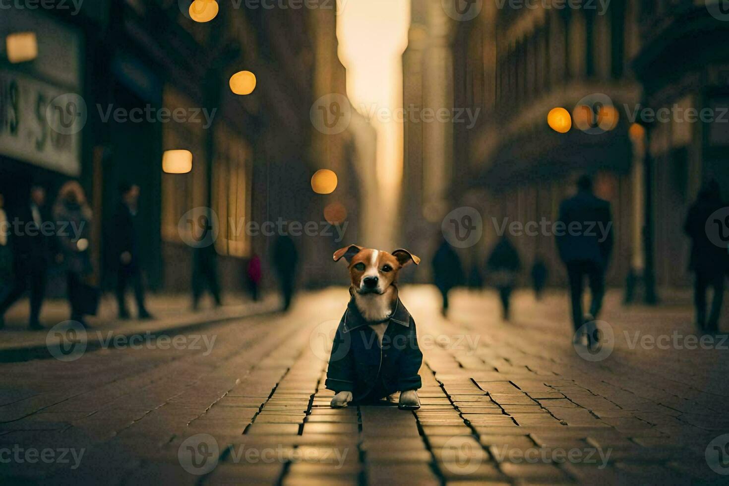 a dog in a jacket standing on a street. AI-Generated photo