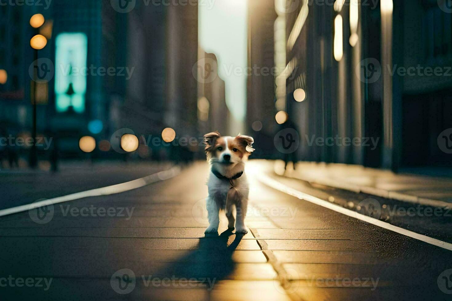 a dog walking down a city street at dusk. AI-Generated photo