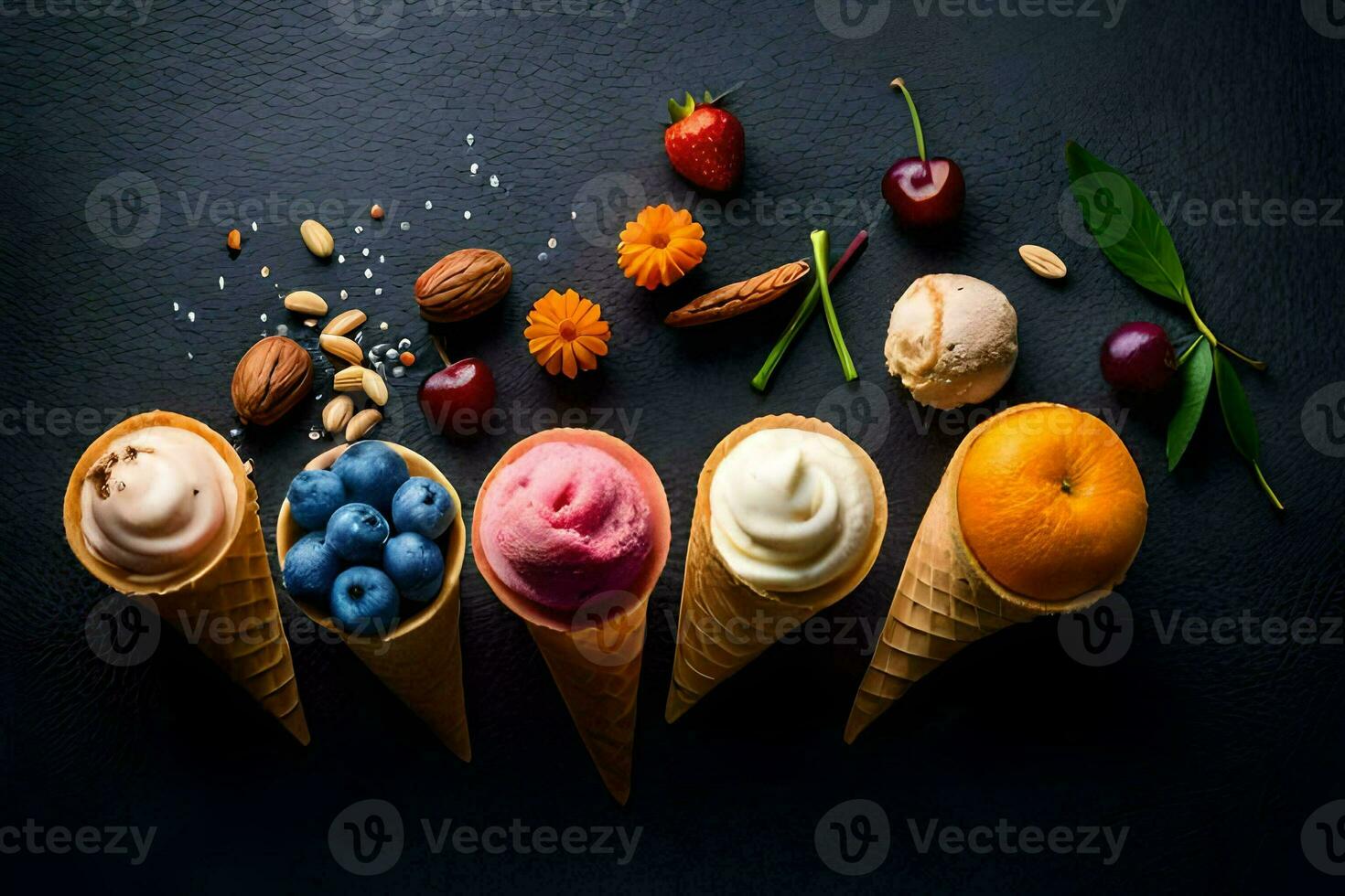 different types of ice cream in cones on a black background. AI-Generated photo