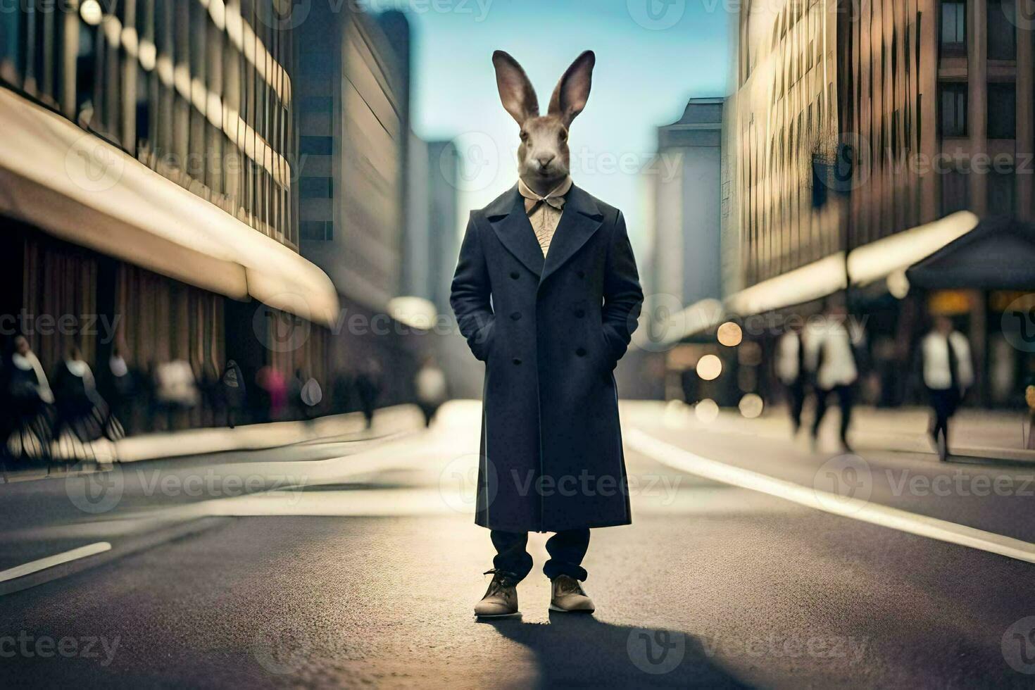 a rabbit wearing a coat and tie standing in the middle of a city street. AI-Generated photo