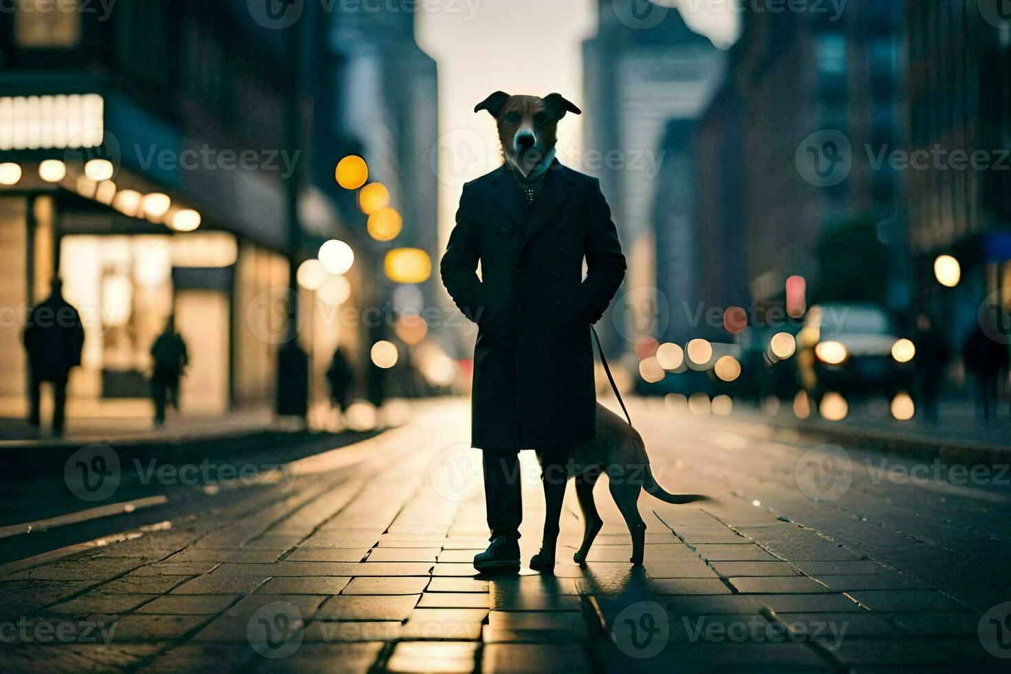 a man in a suit and tie standing next to a dog on a city street. AI-Generated photo