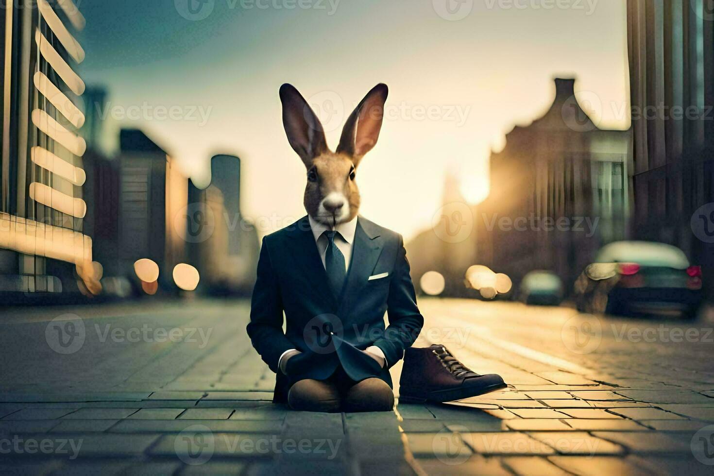 a rabbit wearing a suit and tie sits on the ground. AI-Generated photo