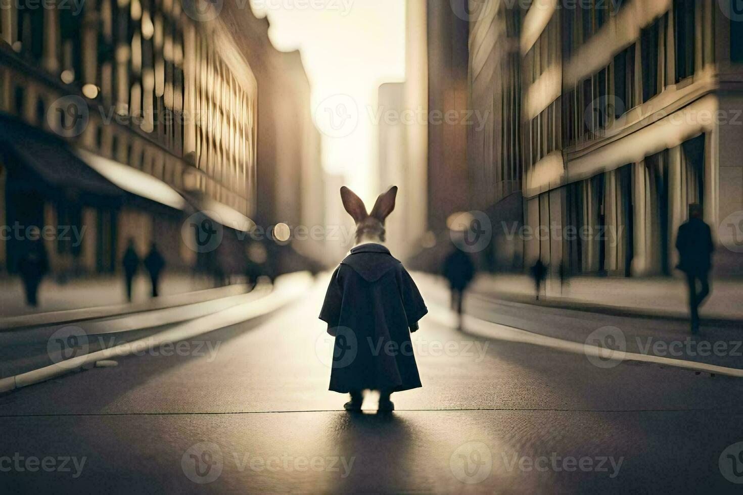 a rabbit in a suit stands in the middle of a city street. AI-Generated photo