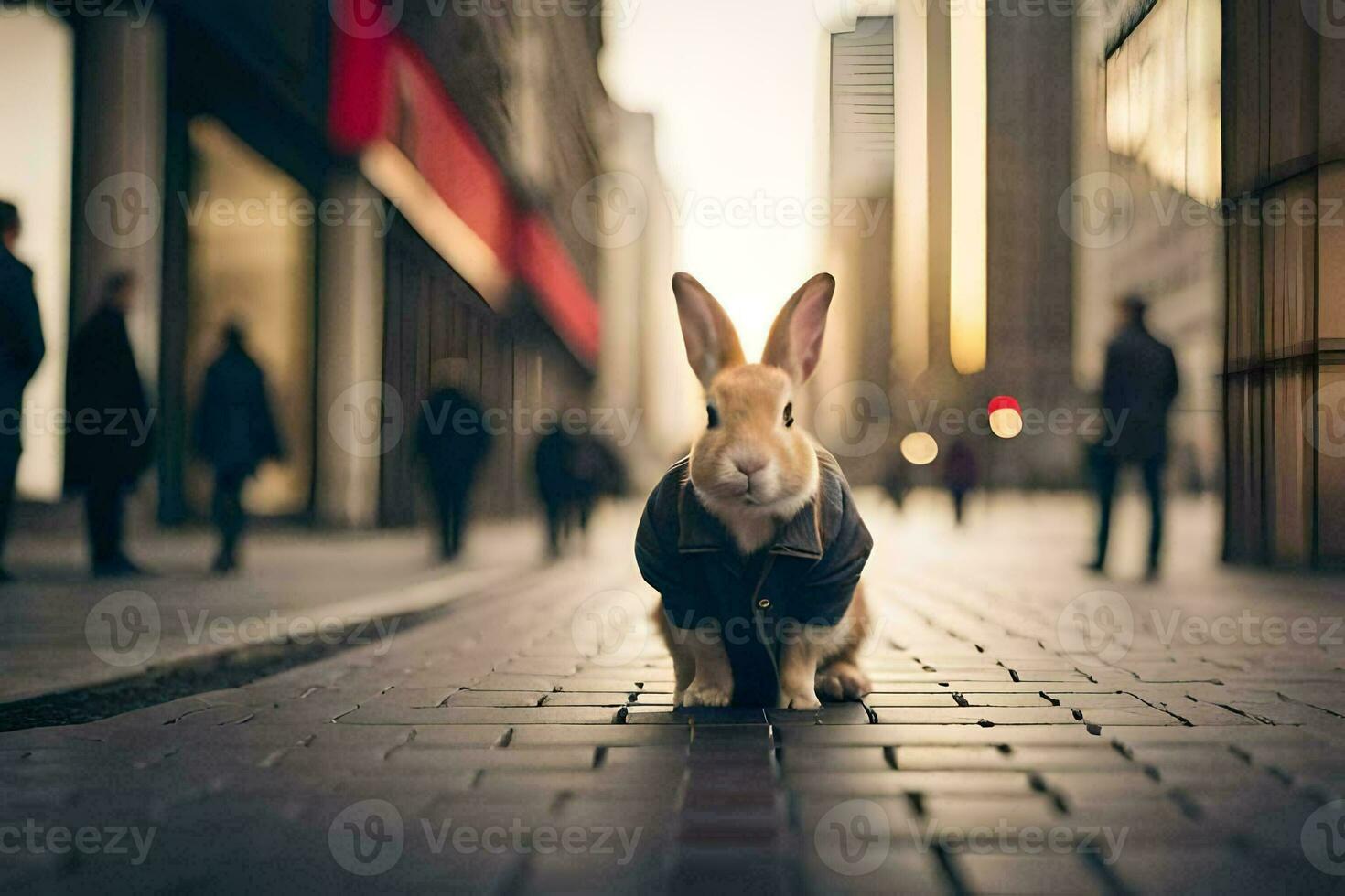 a rabbit in a suit is standing on a street. AI-Generated photo