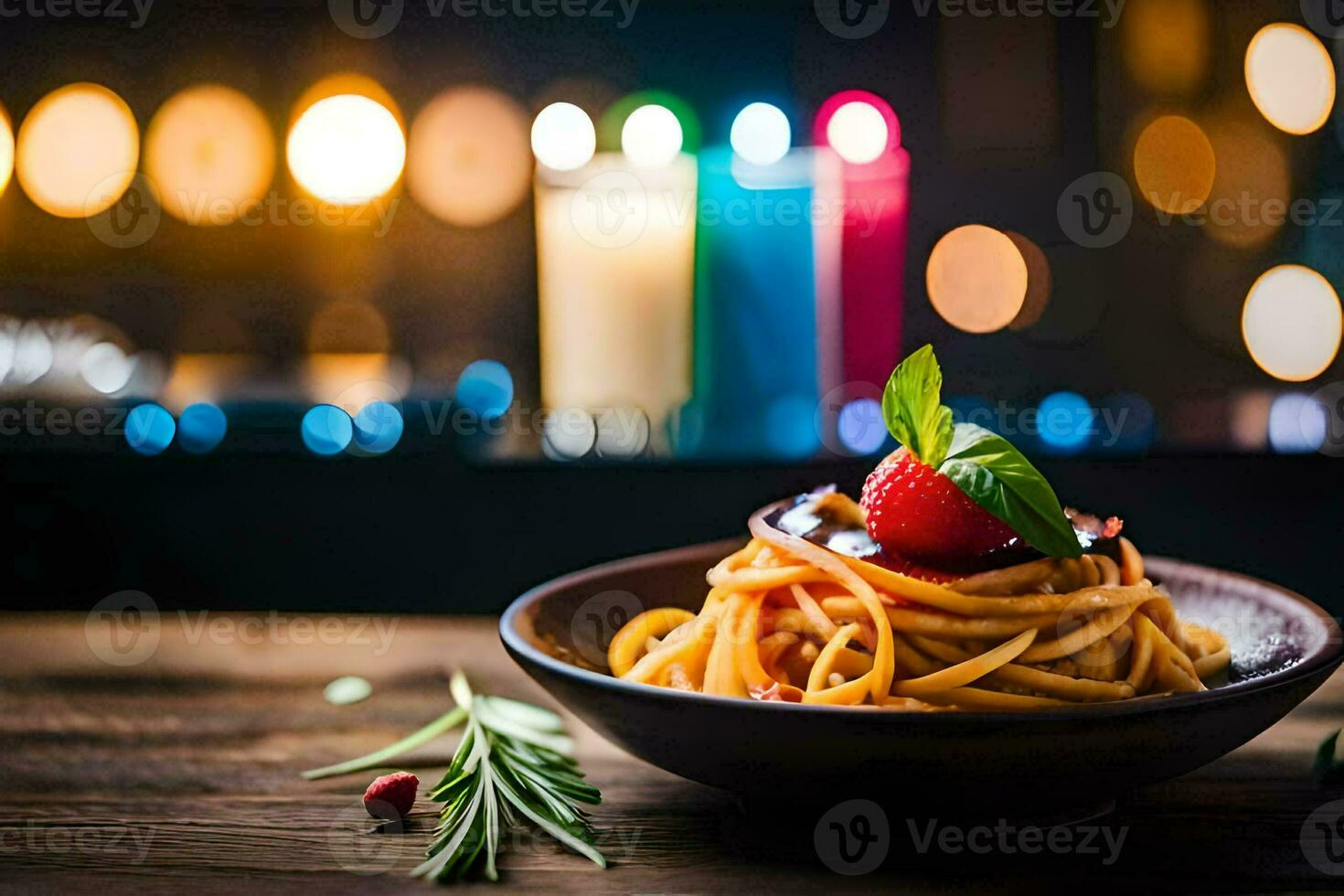 espaguetis con tomate salsa y albahaca hojas en un de madera mesa. generado por ai foto