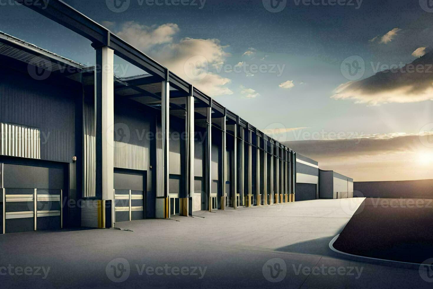 a large warehouse with a sun setting behind it. AI-Generated photo