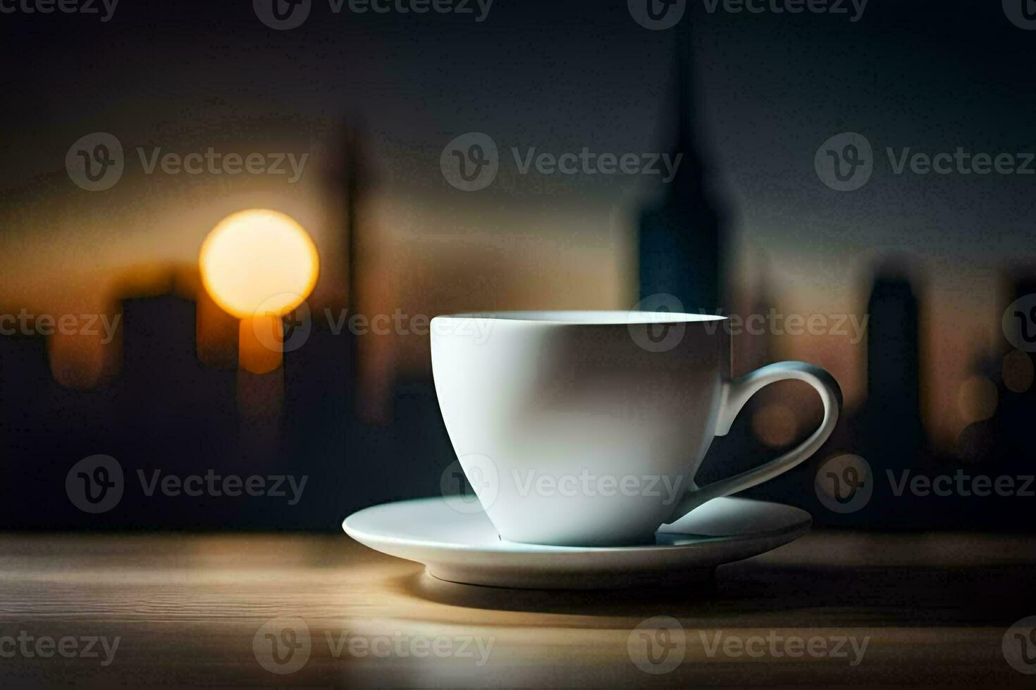 a coffee cup sits on a table in front of a city skyline. AI-Generated photo