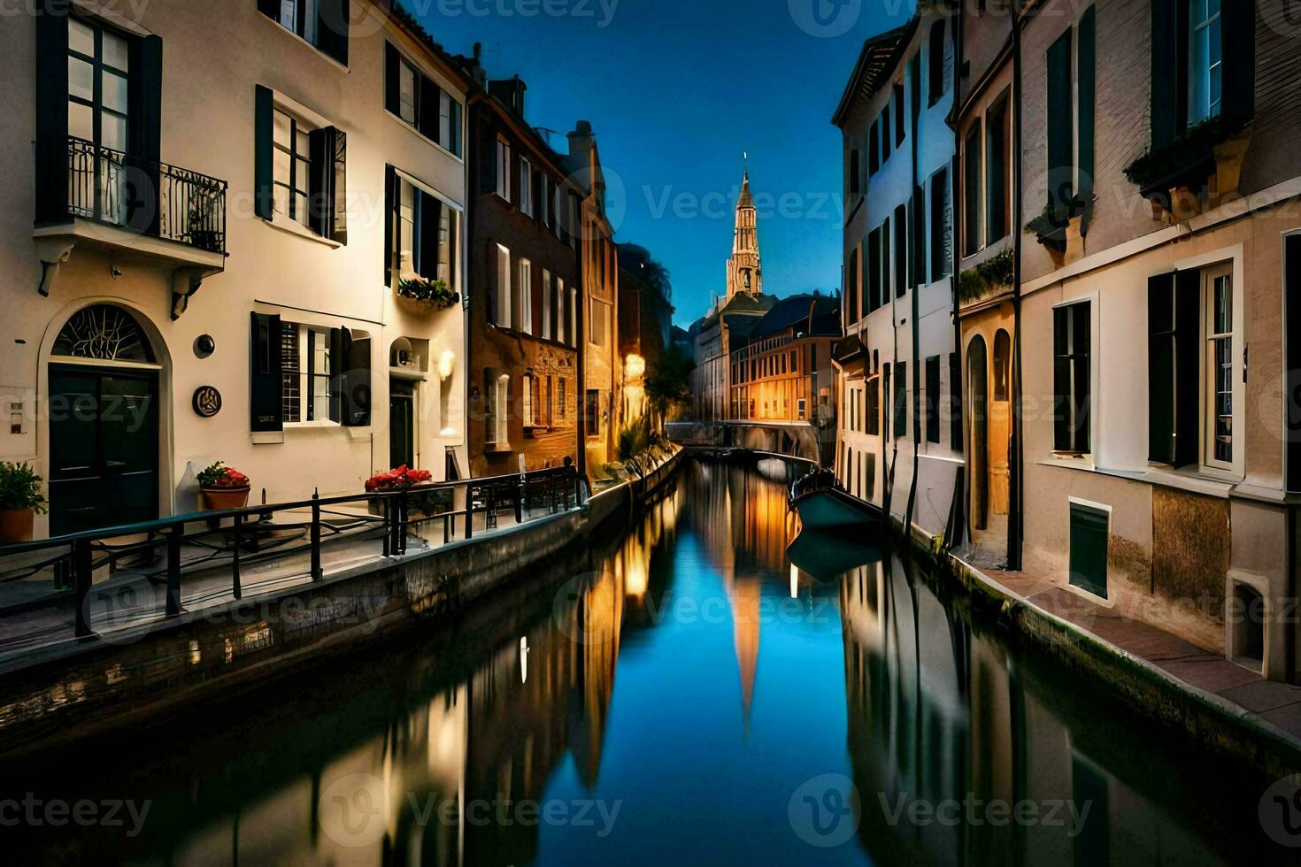 un canal en un ciudad a noche con edificios y un iglesia. generado por ai foto