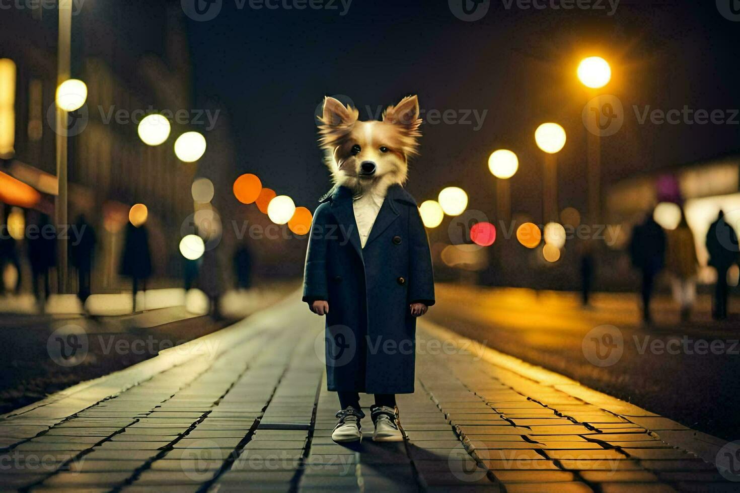 a dog wearing a coat and standing on a street at night. AI-Generated photo