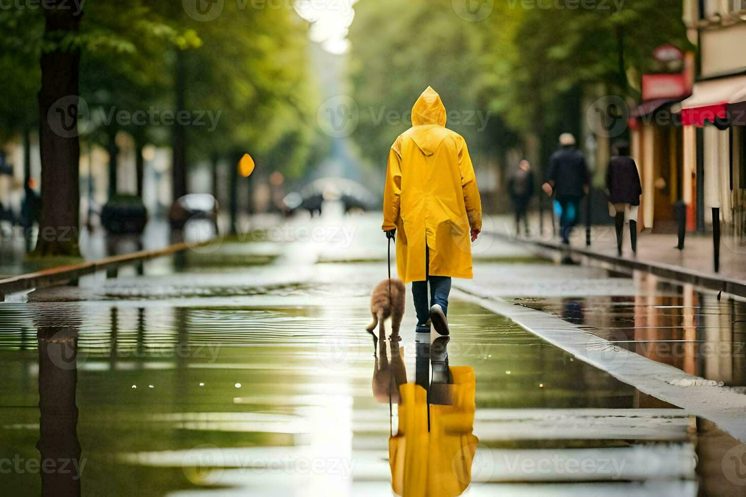 a person in a yellow raincoat walking their dog in the rain. AI-Generated photo
