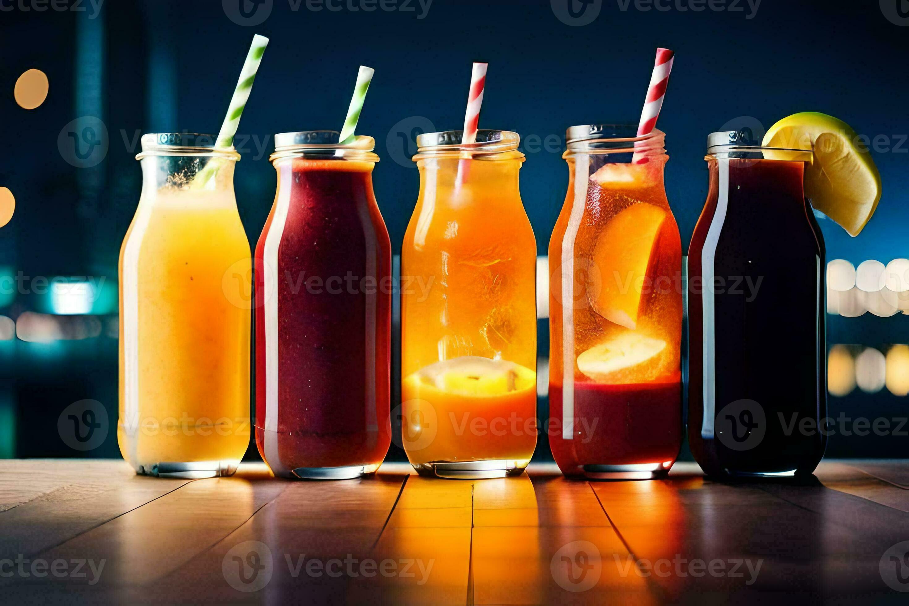 five different types of juices in glass bottles. AIGenerated 30159241
