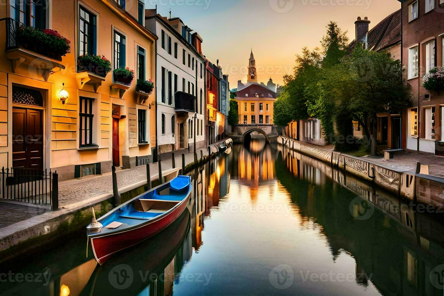 un barco es sentado en un canal en un ciudad. generado por ai foto