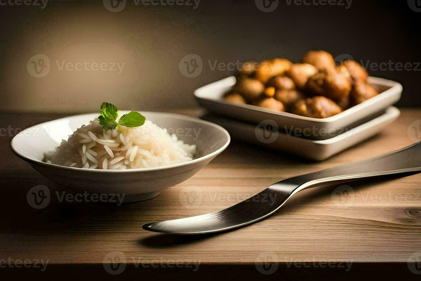 a bowl of rice and a spoon on a wooden table. AI-Generated photo