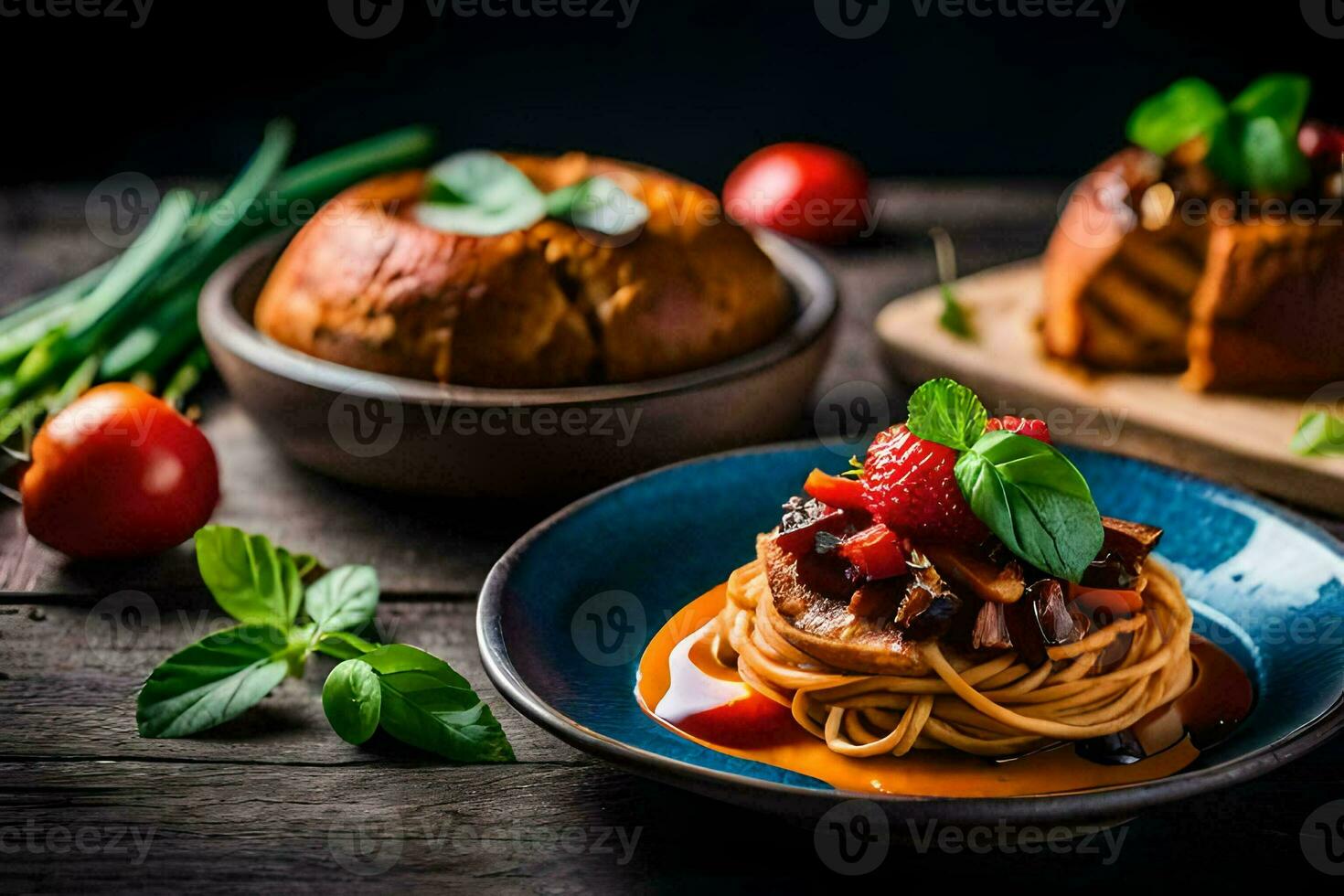 spaghetti with tomato sauce and vegetables on a wooden table. AI-Generated photo