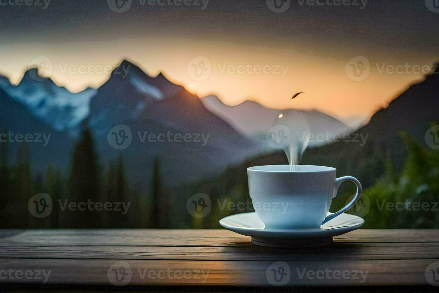 the coffee cup is on a wooden table with a mountain in the background. AI-Generated photo