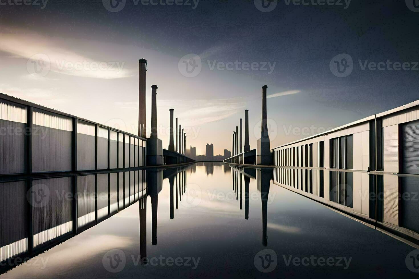 a long, dark, and empty road with tall buildings in the background. AI-Generated photo