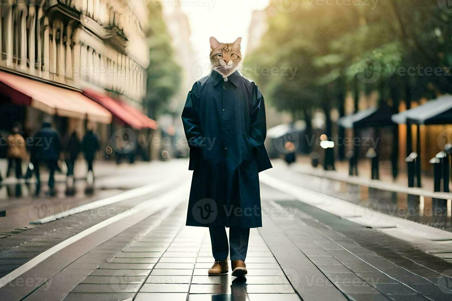 a cat wearing a trench coat and standing on a street. AI-Generated photo