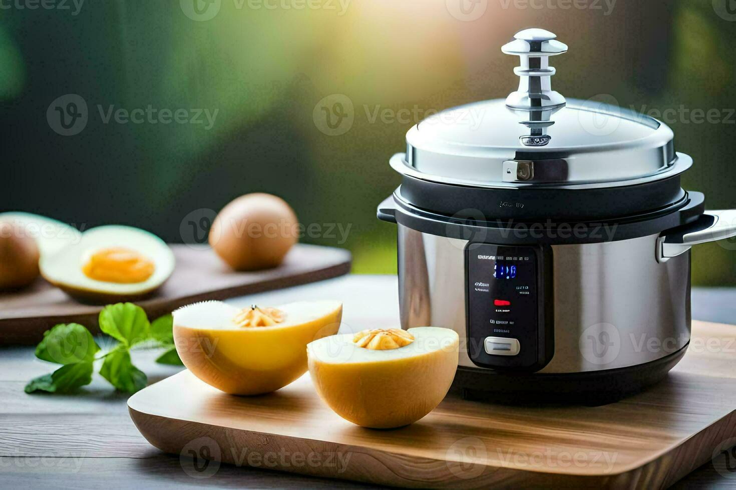 a pressure cooker with eggs on a cutting board. AI-Generated photo