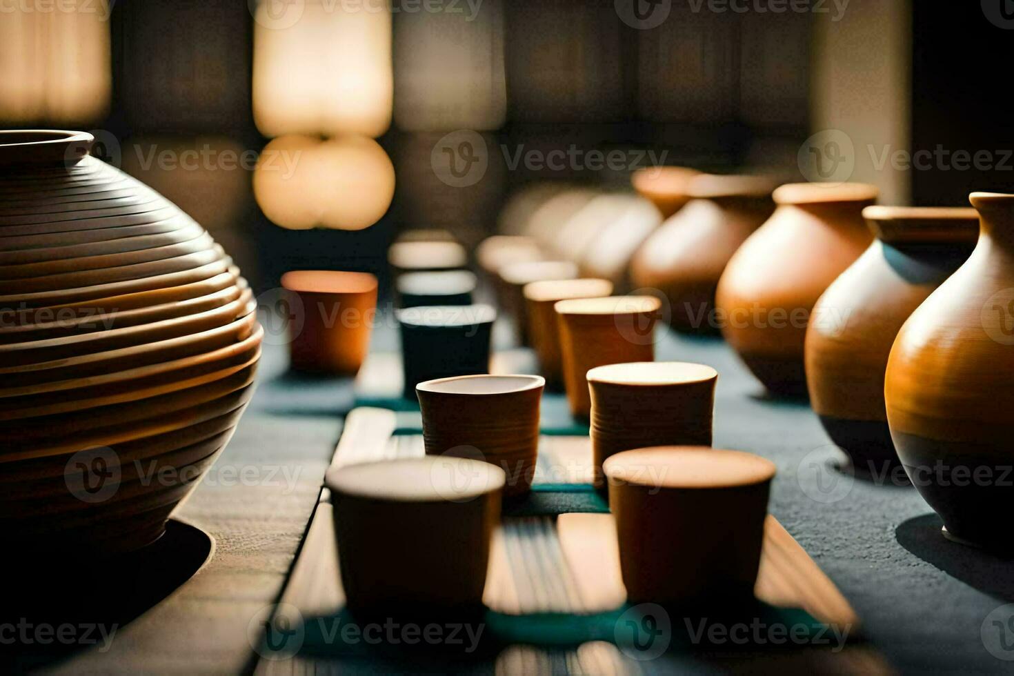 a row of vases and cups on a table. AI-Generated photo