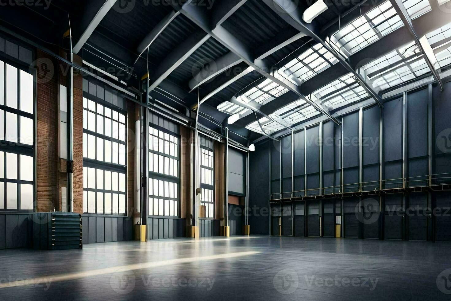 an empty warehouse with large windows. AI-Generated photo