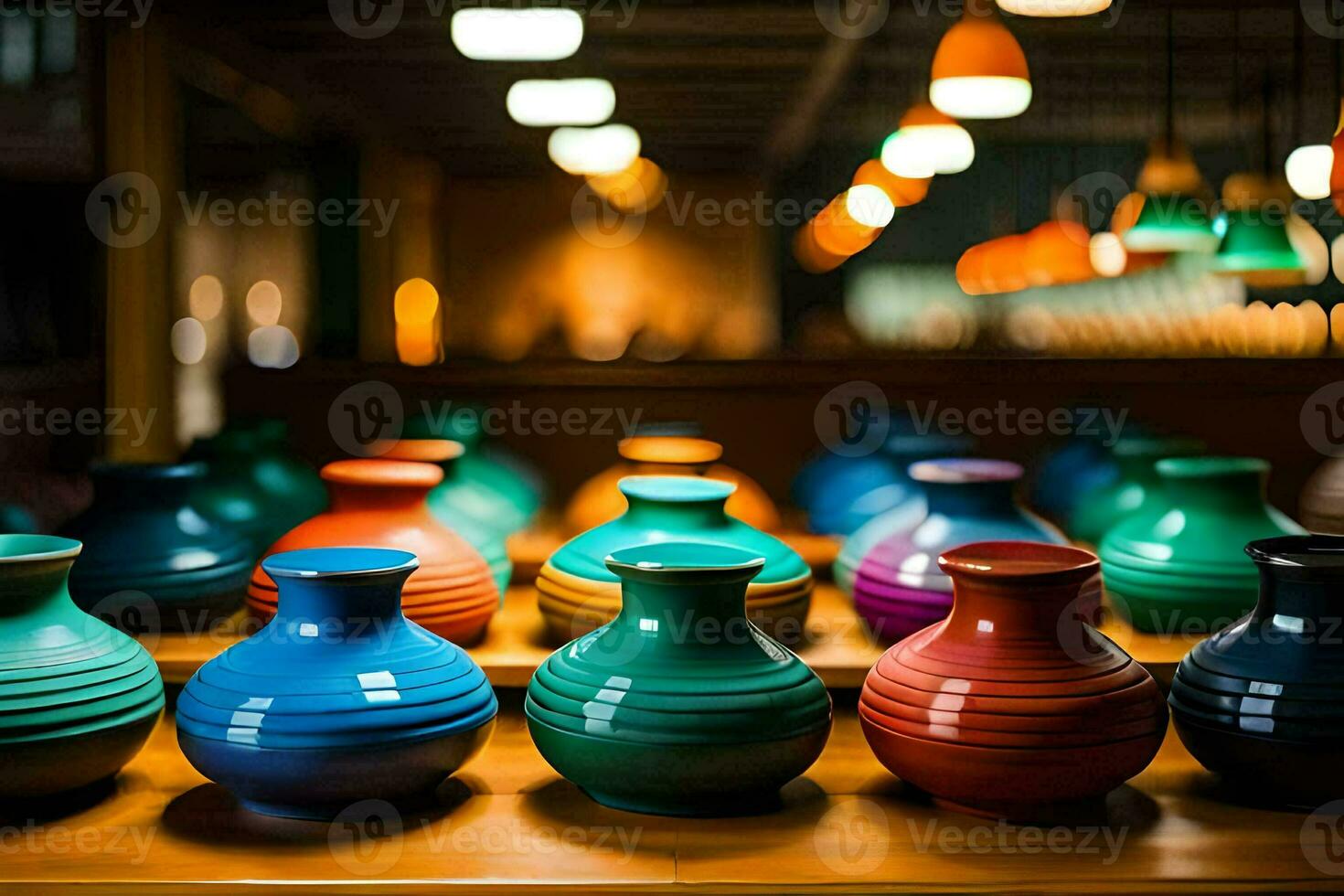 colorful vases on a wooden table. AI-Generated photo