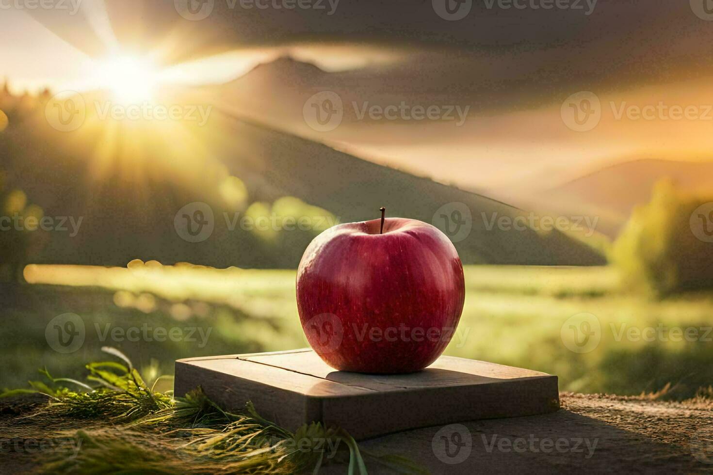an apple sits on a wooden board in front of a sunset. AI-Generated photo