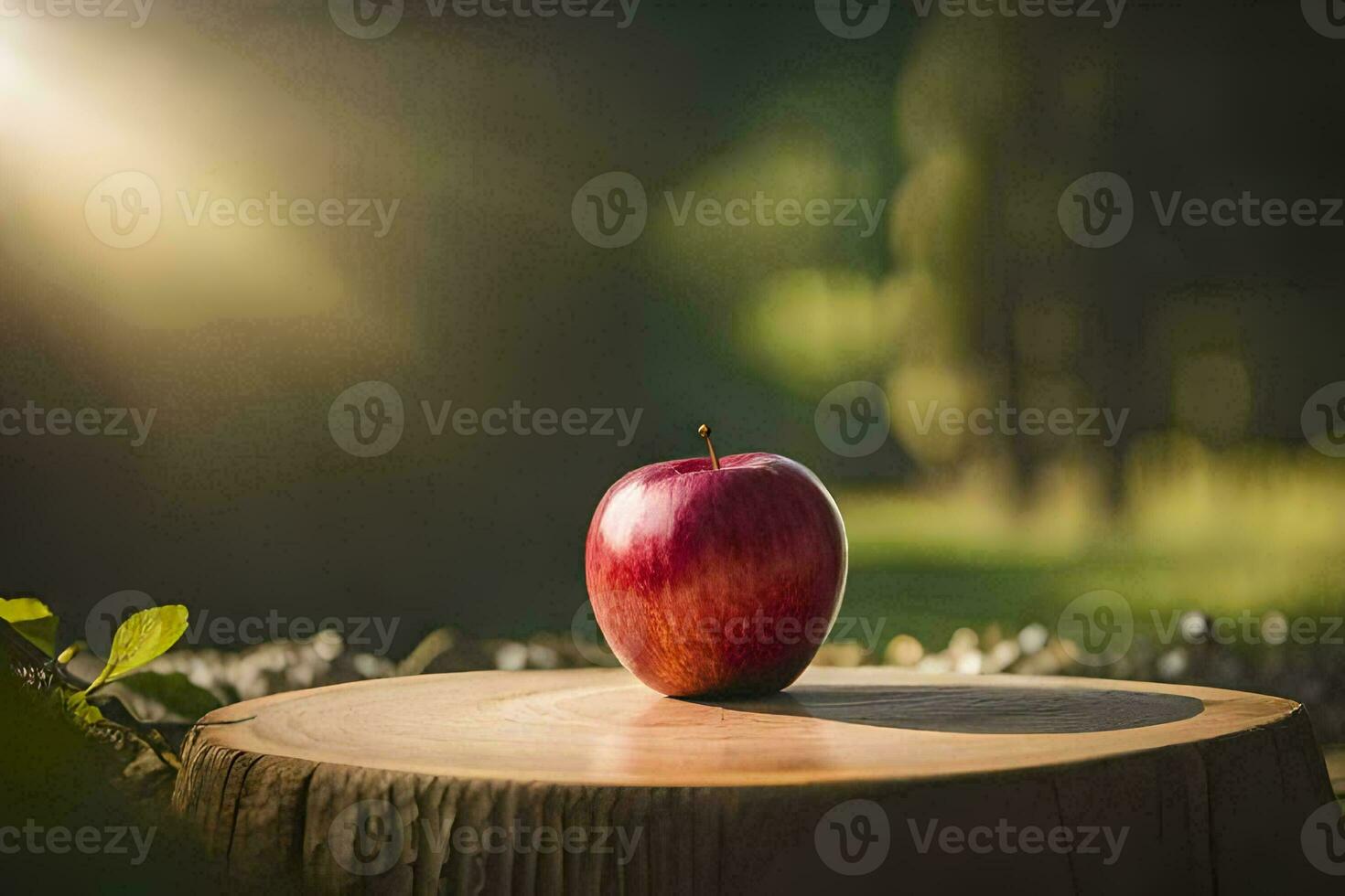 an apple sits on top of a stump in the sunlight. AI-Generated photo