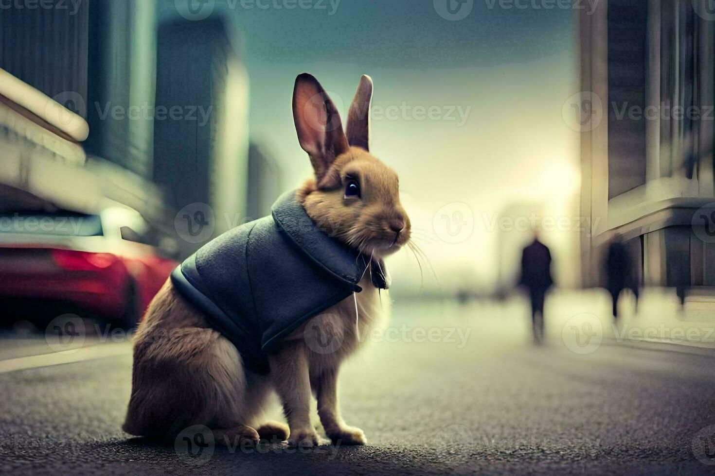 a rabbit wearing a vest on the street. AI-Generated photo