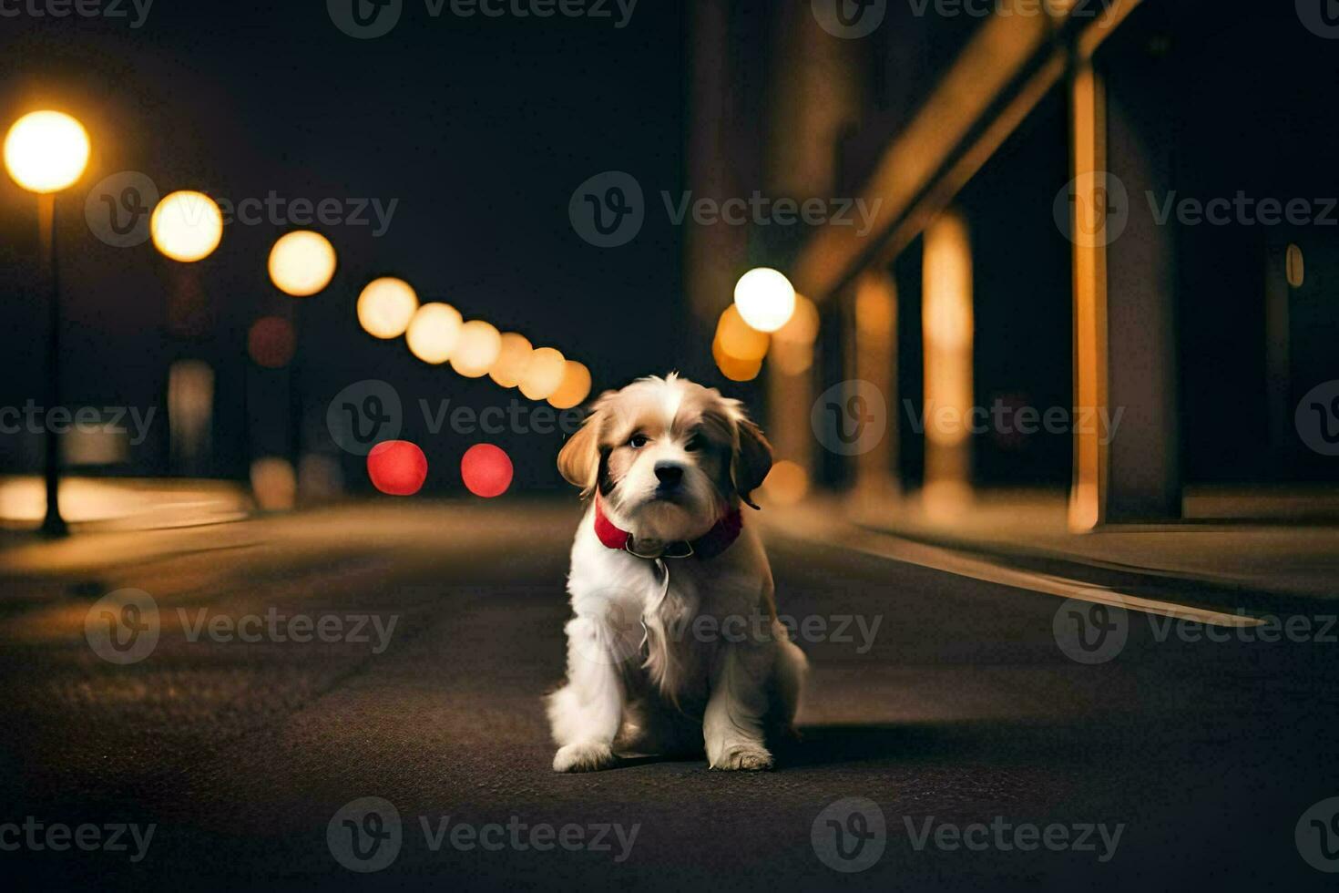 a dog sitting on the street at night. AI-Generated photo