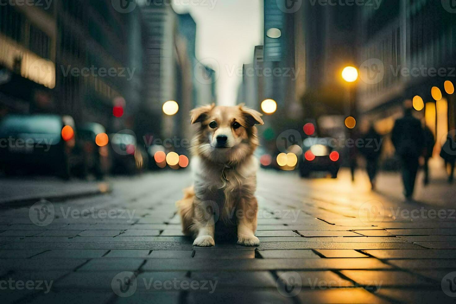 a dog sitting on the street in a city. AI-Generated photo