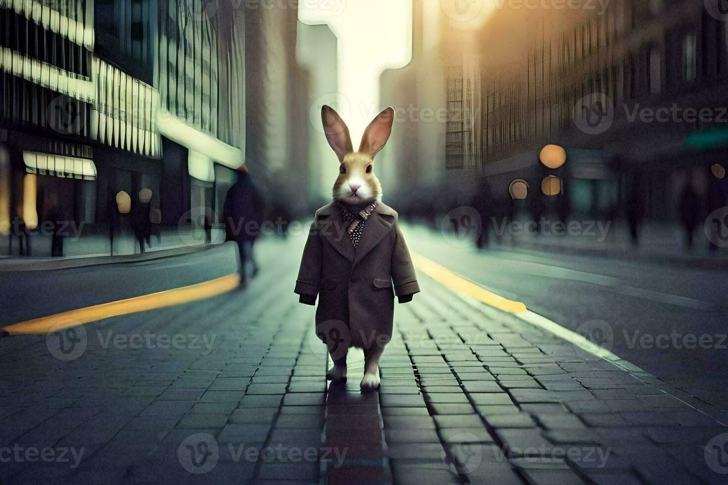 a rabbit wearing a suit and tie walking down a street. AI-Generated photo