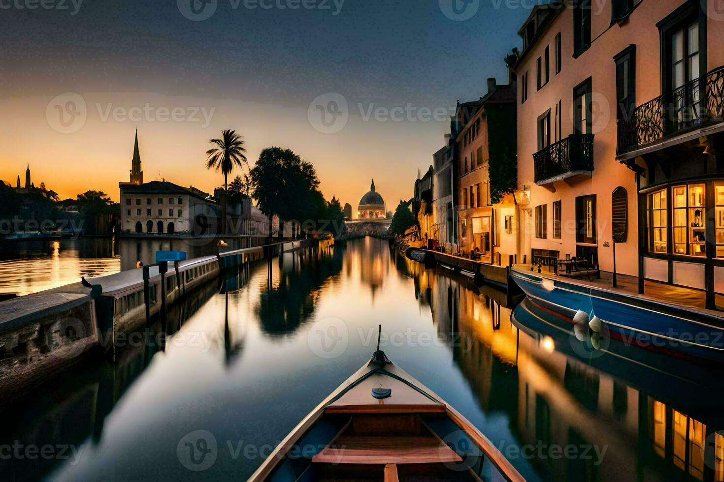 un barco es atracado en un canal a puesta de sol. generado por ai foto