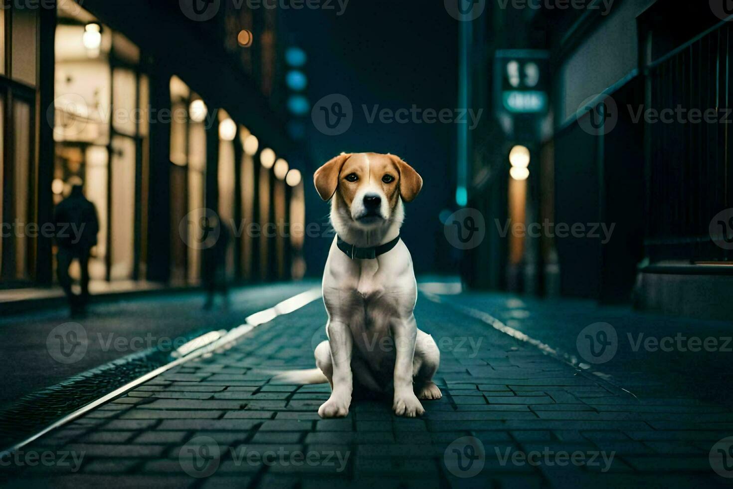 a dog sitting on the street at night. AI-Generated photo