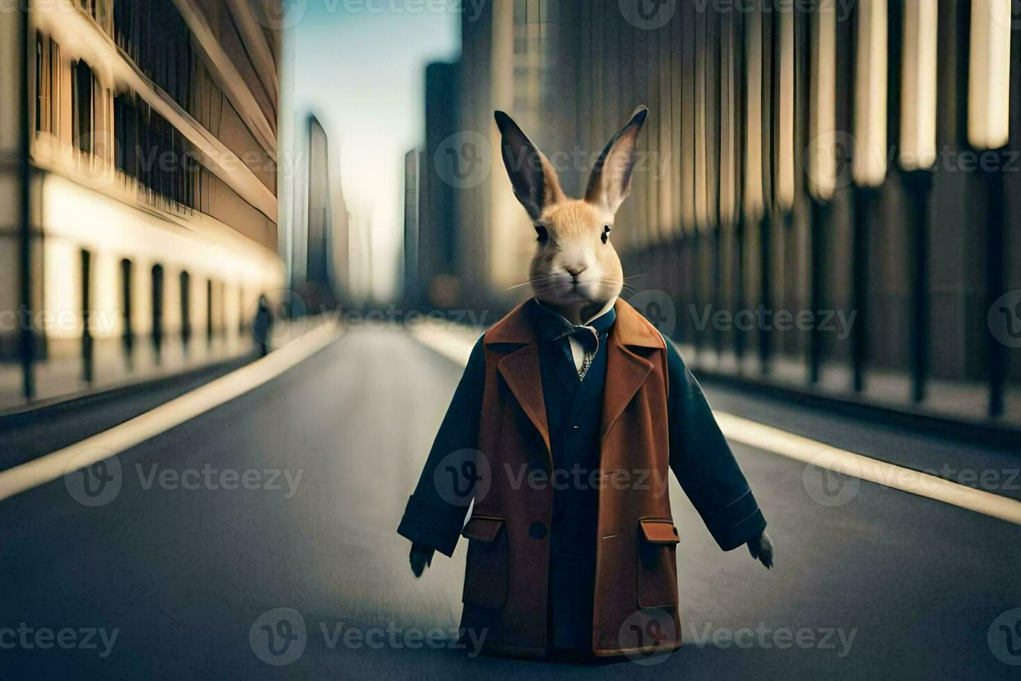 a rabbit wearing a suit and tie standing in the middle of a city street. AI-Generated photo