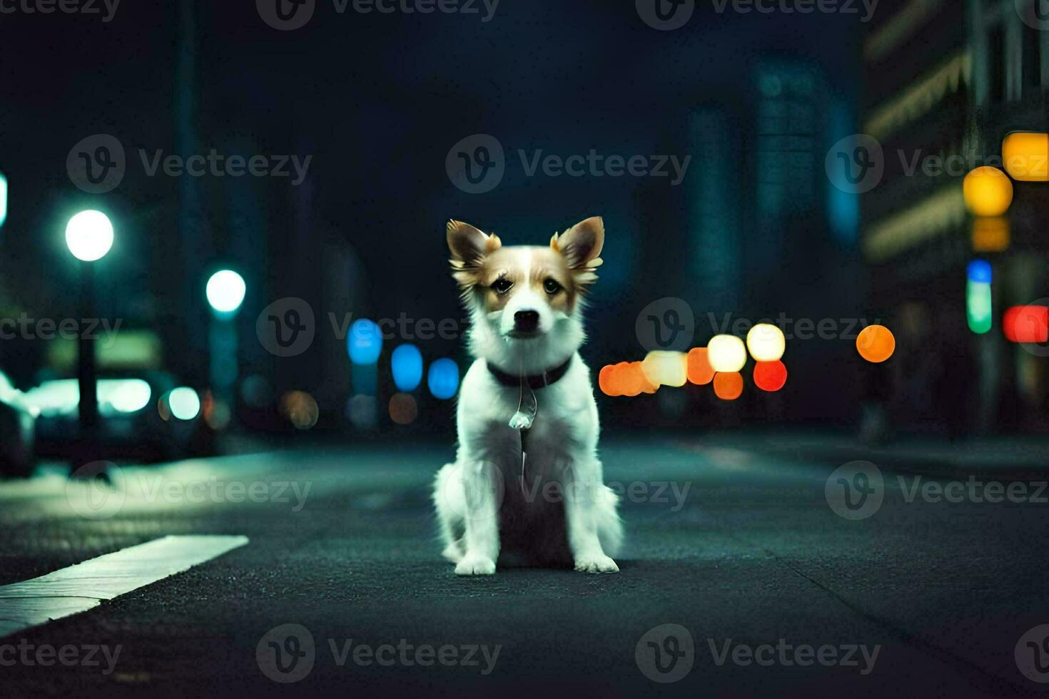 a dog sitting on the street at night. AI-Generated photo