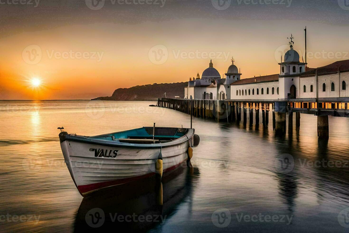 a boat sits in the water at sunset. AI-Generated photo