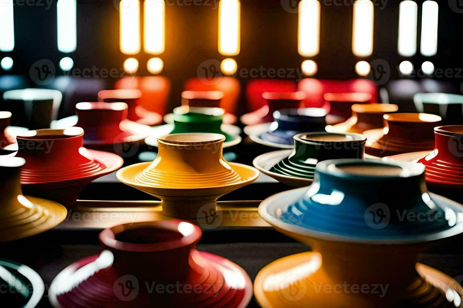 colorful vases are lined up in a row. AI-Generated photo