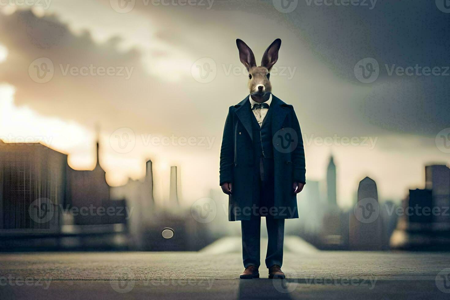 a rabbit wearing a suit and tie standing on a city street. AI-Generated photo