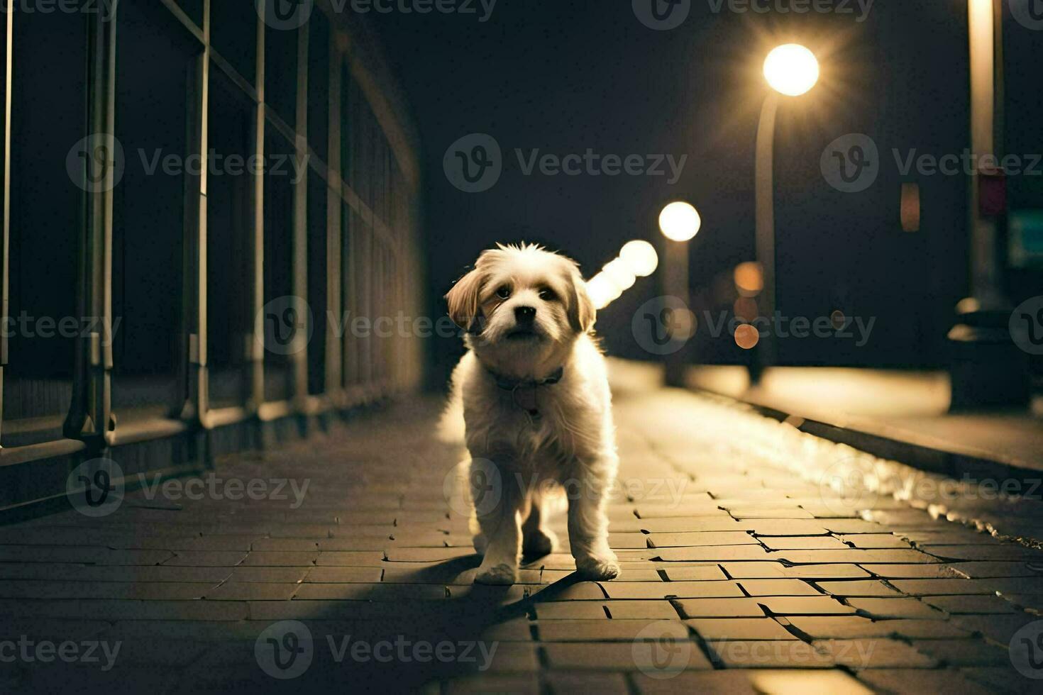 a dog standing on a street at night. AI-Generated photo