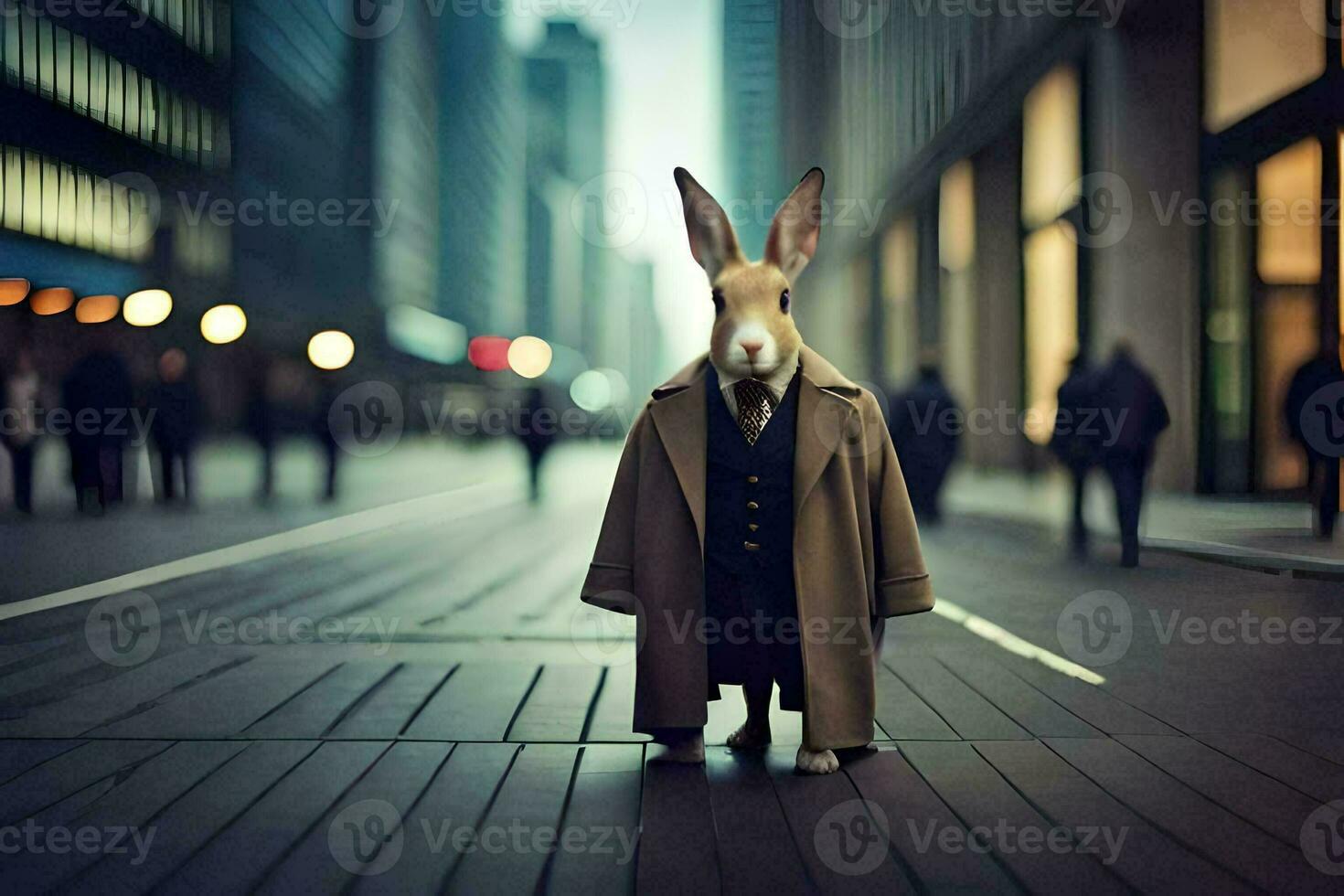 a rabbit wearing a coat and tie standing on a city street. AI-Generated photo