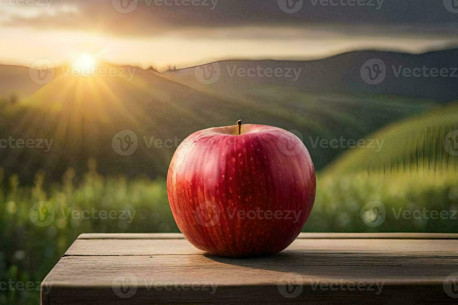 a red apple on a wooden table in front of a sunset. AI-Generated photo