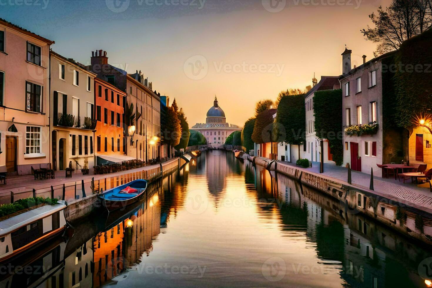 un canal en el medio de un ciudad con edificios y barcos generado por ai foto